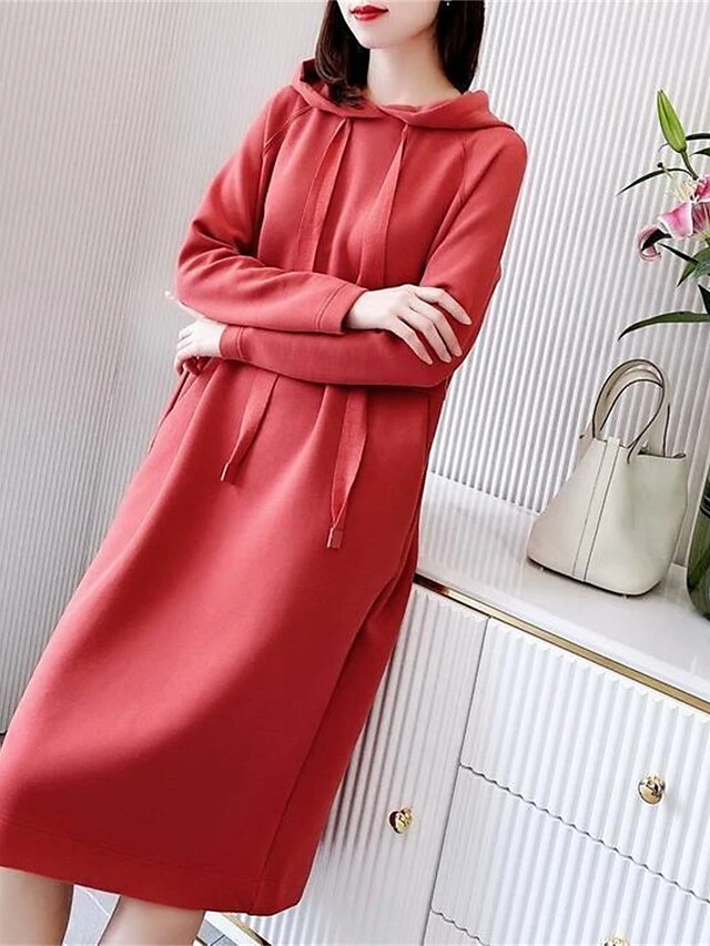 Women's Plus Size Curve Casual Dress Hoodie Dress Winter Dress Plain Midi Dress Long Sleeve Ruched Hooded Fashion Outdoor Black Red Fall Winter L XL XXL 3XL 4XL 14 Women's Plus Size Curve Casual Dress Hoodie Dress Winter Dress Plain Midi Dress Long Sleeve Ruched Hooded Fashion Outdoor Black Red Fall Winter L XL XXL 3XL 4XL - Image 14