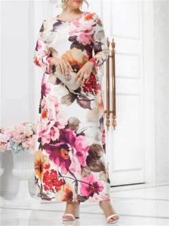 Women‘s Plus Size Curve Casual Dress Swing Dress Floral Dress Floral Long Dress Maxi Dress Long Sleeve Print Round Neck Modern Vacation Beige Fall Spring L XL XXL 3XL 4XL -Casual Print Dress Sales lqrcpv1672736823228