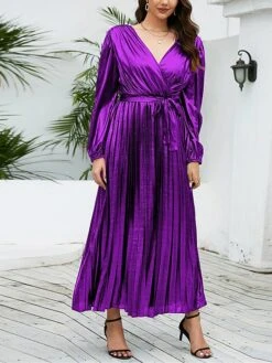 Women's Casual Dress Winter Dress Plain Dress Midi Dress Lace Up Pleated Outdoor Street Daily Fashion Streetwear V Neck Long Sleeve 2023 Loose Fit Yellow Red Purple Color S M L XL XXL Size -Casual Print Dress Sales lqvzmc1692868973506