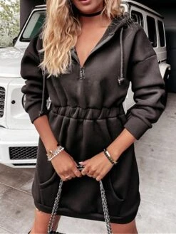 Women's Casual Dress Hoodie Dress Mini Dress Active Fashion Outdoor Going Out Weekend Hoodie Zipper Pocket Solid Color Loose Fit Black White Fuchsia S M L XL XXL