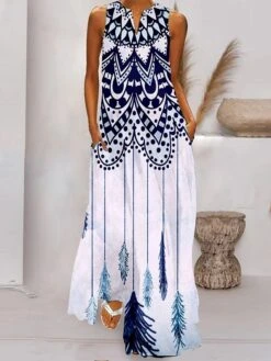 Women's Long Dress Maxi Dress Casual Dress Swing Dress Print Dress Feather Casual Romantic Holiday Vacation Beach Pocket Print Sleeveless V Neck Dress Loose Fit White Navy Blue Light Sky Blue Spring -Casual Print Dress Sales lrocvq1676542217124
