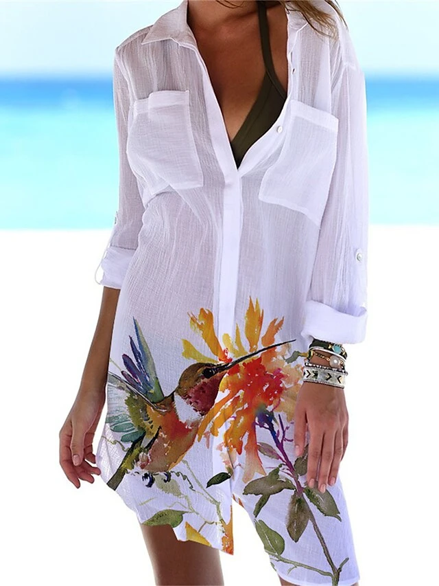 Women's Shirt Dress Cover Up Beach Wear Mini Dress Pocket Print Fashion Casual Floral Turndown 3/4 Length Sleeve Loose Fit Outdoor Daily White Yellow 2023 Summer Spring S M L XL 5 Women's Shirt Dress Cover Up Beach Wear Mini Dress Pocket Print Fashion Casual Floral Turndown 3/4 Length Sleeve Loose Fit Outdoor Daily White Yellow 2023 Summer Spring S M L XL - Image 5