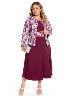 Women‘s Plus Size Curve Dress Set Print Crew Neck Long Sleeve Spring Fall Elegant Maxi Long Dress Formal Party Dress -Casual Print Dress Sales lrxtzt1694769839526
