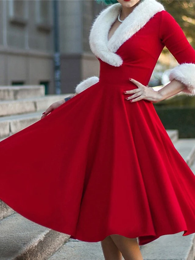 Women's Christmas Swing Dress Vintage Dress Midi Dress Red White Long Sleeve Pure Color Patchwork Winter Fall V Neck Vintage Stylish Elegant Fall Dress 2022 S M L XL XXL / Winter Dress 2 Women's Christmas Swing Dress Vintage Dress Midi Dress Red White Long Sleeve Pure Color Patchwork Winter Fall V Neck Vintage Stylish Elegant Fall Dress 2022 S M L XL XXL / Winter Dress - Image 2