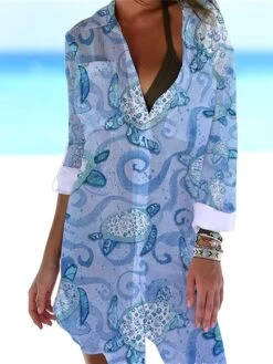 Women's Shirt Dress Cover Up Beach Wear Mini Dress Pocket Print Fashion Casual Fish Turndown 3/4 Length Sleeve Loose Fit Outdoor Daily White Blue 2023 Summer Spring S M L XL -Casual Print Dress Sales lssrag1676972500731