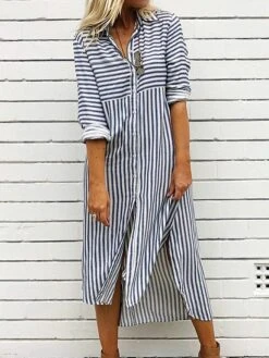 Women's Shirt Dress Casual Dress Shift Dress Midi Dress Polyester Classic Casual Outdoor Daily Shirt Collar Button Split Half Sleeve Summer Spring Fall 2023 Loose Fit Blue Striped S M L XL 2XL