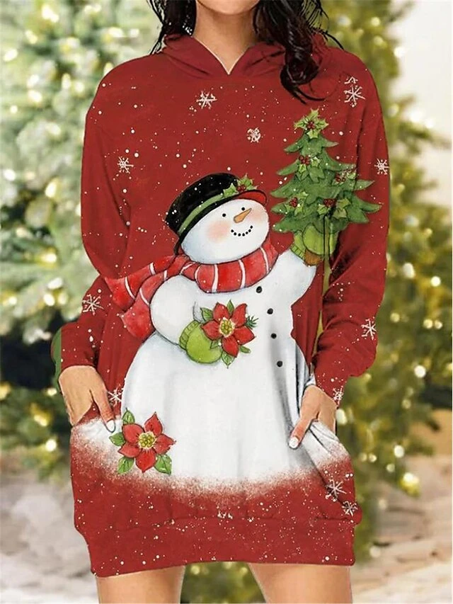 Women's Christmas Dress Hoodie Dress Mini Dress Warm Fashion Outdoor Christmas Vacation Hoodie Pocket Print Snowman Christmas Bell Regular Fit Wine Red Blue S M L XL XXL 1 Women's Christmas Dress Hoodie Dress Mini Dress Warm Fashion Outdoor Christmas Vacation Hoodie Pocket Print Snowman Christmas Bell Regular Fit Wine Red Blue S M L XL XXL