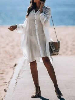 Women's Cover Up Beach Dress Beach Wear Midi Dress Button Basic Casual Plain Stand Collar Long Sleeve Loose Fit Outdoor Daily White 2023 Fall Spring One Size -Casual Print Dress Sales lthnpx1673421342314