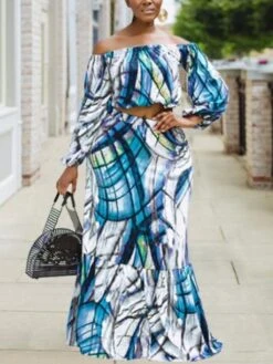 Women‘s Plus Size Curve Two Piece Dress Graphic One Shoulder Lantern Sleeve Long Sleeve Fall Spring Stylish Elegant Maxi Long Dress Holiday Vacation Dress -Casual Print Dress Sales ltkbkx1628660852781