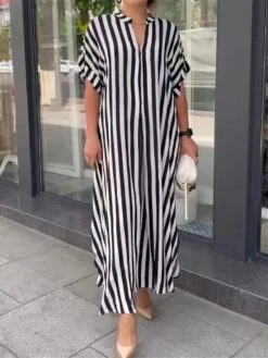 Women's Casual Dress Summer Dress Print Dress Stripe Button Print Split Neck Long Dress Maxi Dress Fashion Streetwear Outdoor Street Short Sleeve Loose Fit Black Red Blue Summer Spring S M L XL XXL -Casual Print Dress Sales ltlheu1687862796116