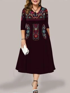Women's Plus Size Curve Casual Dress Work Dress Swing Dress Floral Long Dress Maxi Dress 3/4 Length Sleeve Pocket Print V Neck Fashion Outdoor Black Yellow Fall Winter L XL XXL 3XL 4XL