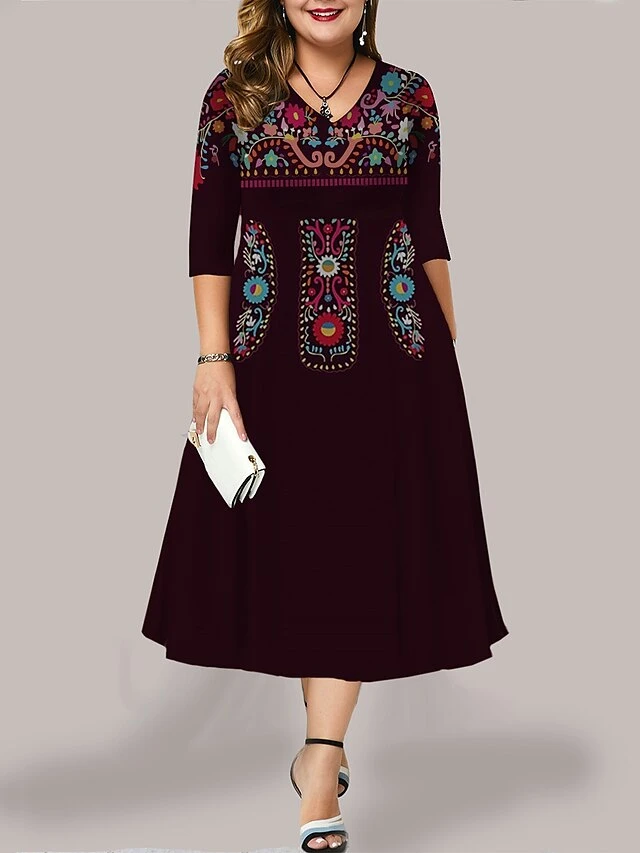 Women's Plus Size Curve Casual Dress Work Dress Swing Dress Floral Long Dress Maxi Dress 3/4 Length Sleeve Pocket Print V Neck Fashion Outdoor Black Yellow Fall Winter L XL XXL 3XL 4XL 1 Women's Plus Size Curve Casual Dress Work Dress Swing Dress Floral Long Dress Maxi Dress 3/4 Length Sleeve Pocket Print V Neck Fashion Outdoor Black Yellow Fall Winter L XL XXL 3XL 4XL