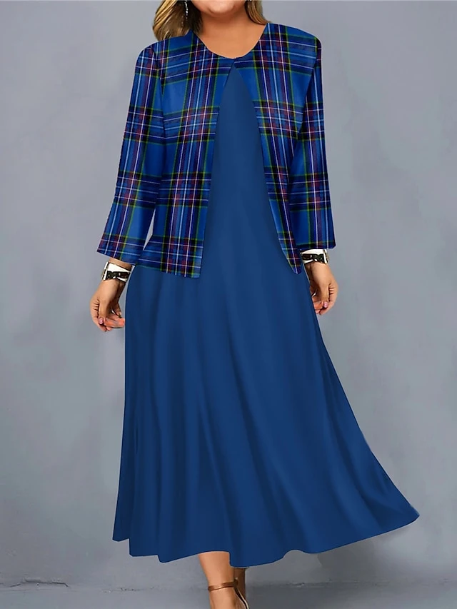 Women's Christmas Plus Size Curve Casual Dress Dress Set Two Piece Dress Plaid Midi Dress Long Sleeve Print Crew Neck Fashion Outdoor Wine Blue Fall Winter L XL XXL 3XL 4XL 4 Women's Christmas Plus Size Curve Casual Dress Dress Set Two Piece Dress Plaid Midi Dress Long Sleeve Print Crew Neck Fashion Outdoor Wine Blue Fall Winter L XL XXL 3XL 4XL - Image 4