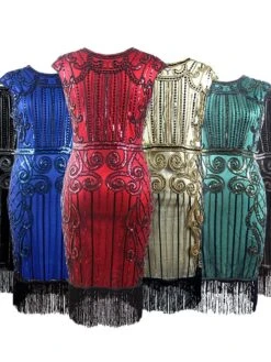 Women's Retro 1920s Fringe Dress Midi Dress Party Halloween Sequins Tassel Fringe Floral Crewneck Sleeveless Regular Fit Spring Fall 2023 Black Burgundy S M L XL