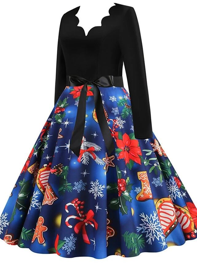Women's Christmas Swing Dress Vintage DressKnee Length Dress Blue Red Navy Blue Black Long Sleeve Plaid Santa Claus Elk Bow Print Fall Winter V Neck Vacation Vintage 2022 S M L XL XXL 3XL 9 Women's Christmas Swing Dress Vintage DressKnee Length Dress Blue Red Navy Blue Black Long Sleeve Plaid Santa Claus Elk Bow Print Fall Winter V Neck Vacation Vintage 2022 S M L XL XXL 3XL - Image 9