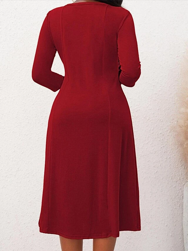 Women's Christmas Plus Size Curve Casual Dress A Line Dress Solid Color Midi Dress 3/4 Length Sleeve Crew Neck Fashion Outdoor Red Fall Winter L XL XXL 3XL 4XL 2 Women's Christmas Plus Size Curve Casual Dress A Line Dress Solid Color Midi Dress 3/4 Length Sleeve Crew Neck Fashion Outdoor Red Fall Winter L XL XXL 3XL 4XL - Image 2