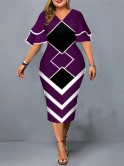Women‘s Plus Size Curve Work Dress Geometric V Neck Short Sleeve Spring Fall Fashion Elegant Modern Midi Dress Formal Office Dress