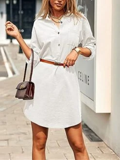 Women's Shirt Dress Casual Dress Mini Dress Outdoor Daily Cotton Linen Basic Classic Shirt Collar Button Pocket Long Sleeve Summer Spring Fall 2023 Loose Fit Black White Pink Pure Color S M L XL 2XL -Casual Print Dress Sales lvzufj1691465489281