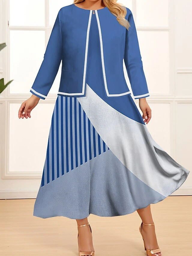 Women's Plus Size Curve Two Piece Dress Set Casual Dress Swing Dress Outdoor Office Fashion Streetwear Print Midi Dress Crew Neck Long Sleeve Geometric Color Block Wine Blue Khaki Spring Fall L 4 Women's Plus Size Curve Two Piece Dress Set Casual Dress Swing Dress Outdoor Office Fashion Streetwear Print Midi Dress Crew Neck Long Sleeve Geometric Color Block Wine Blue Khaki Spring Fall L - Image 4