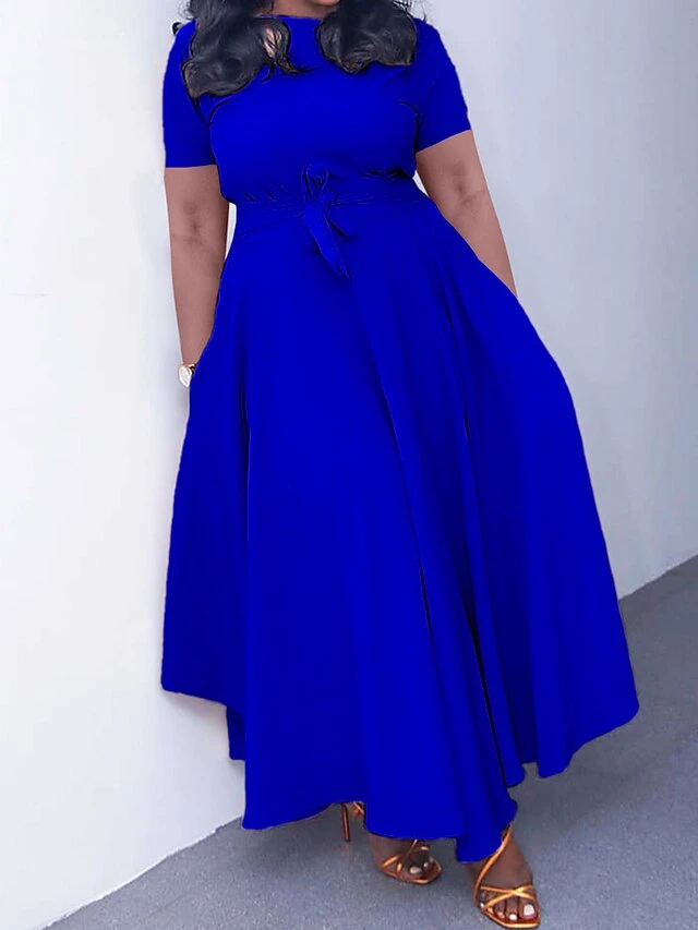 Women‘s Plus Size Curve Casual Dress A Line Dress Solid Color Long Dress Maxi Dress Short Sleeve Lace Up Pocket Crew Neck Fashion Outdoor Black Yellow Summer Spring L XL XXL 3XL 2 Women‘s Plus Size Curve Casual Dress A Line Dress Solid Color Long Dress Maxi Dress Short Sleeve Lace Up Pocket Crew Neck Fashion Outdoor Black Yellow Summer Spring L XL XXL 3XL - Image 2