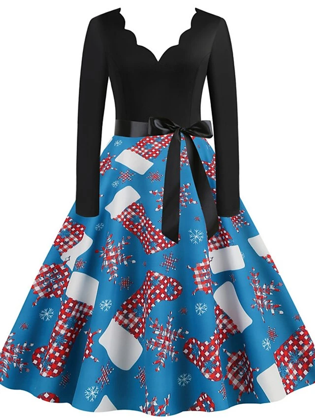 Women's Christmas Swing Dress Vintage DressKnee Length Dress Blue Red Navy Blue Black Long Sleeve Plaid Santa Claus Elk Bow Print Fall Winter V Neck Vacation Vintage 2022 S M L XL XXL 3XL 2 Women's Christmas Swing Dress Vintage DressKnee Length Dress Blue Red Navy Blue Black Long Sleeve Plaid Santa Claus Elk Bow Print Fall Winter V Neck Vacation Vintage 2022 S M L XL XXL 3XL - Image 2