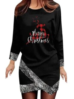 Women‘s Christmas Casual Dress Shift Dress Sheath Dress Mini Dress Black And White Black Gray Black And White Stripes Long Sleeve Elk Patchwork Winter Fall Autumn Crew Neck Fashion Date 2022 S M L XL