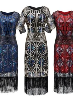 Women's Retro 1920s Fringe Dress Midi Dress Party Halloween Sequins Tassel Fringe Geometric Crewneck Short Sleeve Regular Fit Spring Fall 2023 Red Blue S M L XL