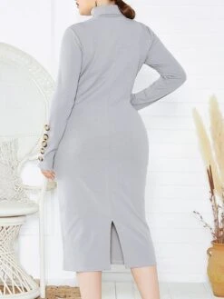 Women's Plus Size Curve Casual Dress Sweater Dress Bodycon Plain Midi Dress Long Sleeve Button Turtleneck Fashion Outdoor Wine Dark Blue Fall Winter XL XXL 3XL 4XL 5XL -Casual Print Dress Sales lyyyhw1694489890573