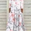 Women's Casual Dress Summer Dress Print Dress Floral Ruched Pocket V Neck Midi Dress Active Fashion Outdoor Daily 3/4 Length Sleeve Loose Fit Pink Summer Spring S M L XL XXL