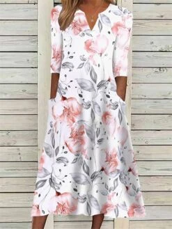 Women's Casual Dress Summer Dress Print Dress Floral Ruched Pocket V Neck Midi Dress Active Fashion Outdoor Daily 3/4 Length Sleeve Loose Fit Pink Summer Spring S M L XL XXL