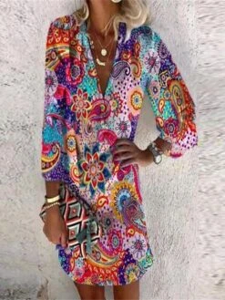 Women's Casual Dress Shift Dress Summer Dress Floral Paisley Print V Neck Mini Dress Fashion Streetwear Outdoor Daily 3/4 Length Sleeve Regular Fit Black White Yellow Summer Spring S M L XL XXL -Casual Print Dress Sales lzihsj1689075218270