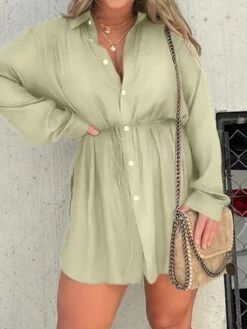 Women's Shirt Dress Casual Dress Mini Dress Outdoor Daily Date Polyester Fashion Casual Shirt Collar Lace Up Button Long Sleeve Fall Winter 2023 Loose Fit ArmyGreen Black Wine Pure Color S M L XL 2XL -Casual Print Dress Sales maupye1695644796930