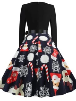 Women's Christmas Swing DressKnee Length Dress Black And White White Light Red Gold Red Long Sleeve Elk Snowman Bell Bow Print Fall Winter Round Neck Vintage Elegant 2022 S M L XL 2XL -Casual Print Dress Sales mbtaww1663049824489