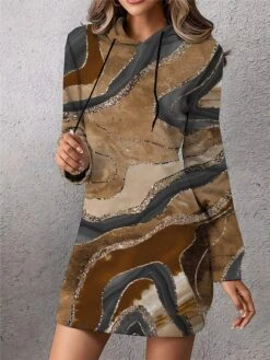 Women's Casual Dress Print Dress Spring Dress Ombre Marble Print Pocket Print Hooded Mini Dress Fashion Streetwear Outdoor Daily Long Sleeve Loose Fit Blue Brown Green Spring Fall S M L XL XXL