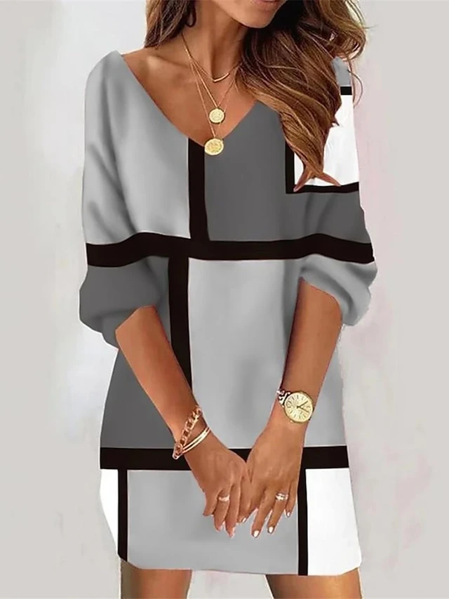 Women's Casual Dress Sweatshirt Dress Print Dress Geometric Plaid Print V Neck Mini Dress Fashion Streetwear Outdoor Daily 3/4 Length Sleeve Loose Fit Pink Orange Gray Fall S M L XL XXL 2 Women's Casual Dress Sweatshirt Dress Print Dress Geometric Plaid Print V Neck Mini Dress Fashion Streetwear Outdoor Daily 3/4 Length Sleeve Loose Fit Pink Orange Gray Fall S M L XL XXL - Image 2