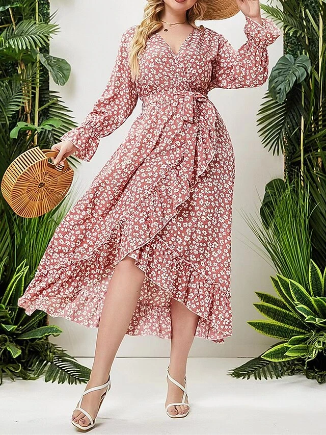 Women's Plus Size Curve Work Dress Swing Dress Semi Formal Dress Fashion Midi Dress Lace Up Ruffle V Neck Long Sleeve Floral Loose Fit Pink Fall Winter L XL XXL 3XL 4XL 2 Women's Plus Size Curve Work Dress Swing Dress Semi Formal Dress Fashion Midi Dress Lace Up Ruffle V Neck Long Sleeve Floral Loose Fit Pink Fall Winter L XL XXL 3XL 4XL - Image 2