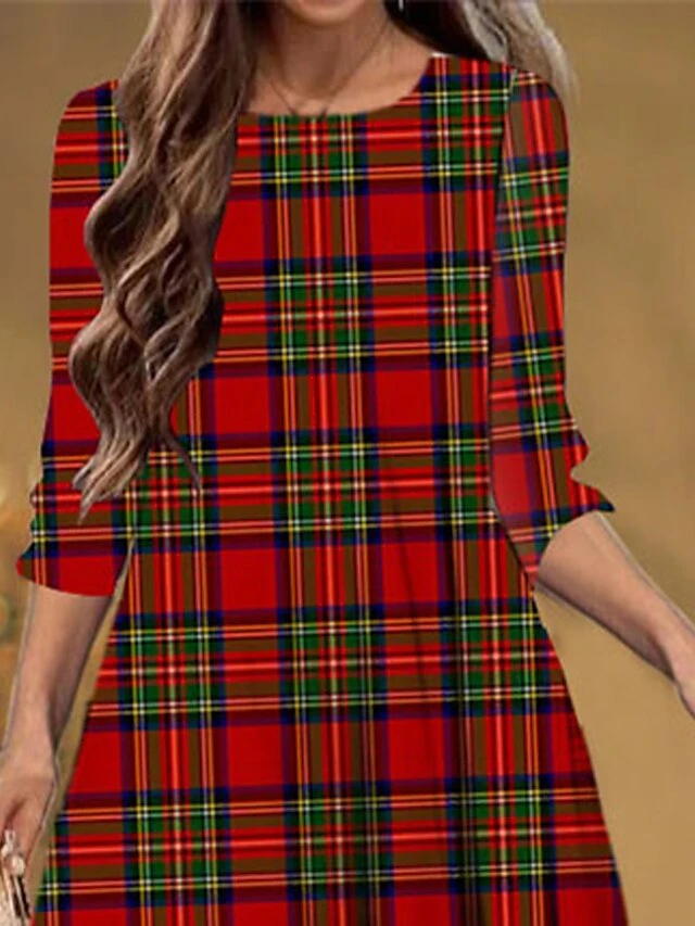 Women's Christmas Casual Dress Shift Dress Midi Dress Red 3/4 Length Sleeve Plaid Ruched Winter Fall Autumn Fashion Christmas Daily 2022 S M L XL XXL 3XL 3 Women's Christmas Casual Dress Shift Dress Midi Dress Red 3/4 Length Sleeve Plaid Ruched Winter Fall Autumn Fashion Christmas Daily 2022 S M L XL XXL 3XL - Image 3