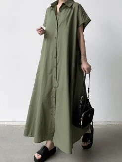 Women's Shirt Dress Casual Dress Maxi Long Dress Outdoor Daily Cotton Linen Basic Classic Shirt Collar Button Short Sleeve Summer Spring 2023 Loose Fit Navy Blue Brown Green Pure Color S M L XL XXL -Casual Print Dress Sales mcgmik1688542113554