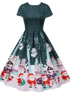Women's Christmas Knee Length Dress Green Black Red Short Sleeve Print Print Fall Winter Round Neck Casual Vintage2021 S M L XL XXL -Casual Print Dress Sales mckiei1629971724577