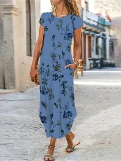 Women's Casual Dress Shift Dress Summer Dress Floral Butterfly Pocket Split Crew Neck Long Dress Maxi Dress Fashion Streetwear Outdoor Daily Short Sleeve Regular Fit White Red Navy Blue Summer Spring -Casual Print Dress Sales mcobyx1686913335682