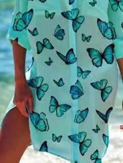 Women's Shirt Dress Beach Dress Beach Wear Mini Dress Button Pocket Fashion Casual Butterfly Turndown 3/4 Length Sleeve Loose Fit Outdoor Daily Black Green 2023 Spring Summer S M L XL -Casual Print Dress Sales mcpyny1676892740648
