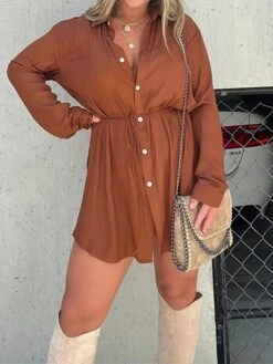 Women's Shirt Dress Casual Dress Mini Dress Outdoor Daily Date Polyester Fashion Casual Shirt Collar Lace Up Button Long Sleeve Fall Winter 2023 Loose Fit ArmyGreen Black Wine Pure Color S M L XL 2XL -Casual Print Dress Sales mcvkls1695644799558