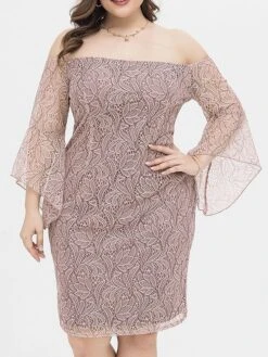 Women's Plus Size Party Dress Lace Dress Cocktail Dress Midi Dress Pink Long Sleeve Pure Color Lace Spring Fall Winter Off Shoulder Fashion Birthday Wedding Guest Vacation 2023 XL XXL 3XL 4XL