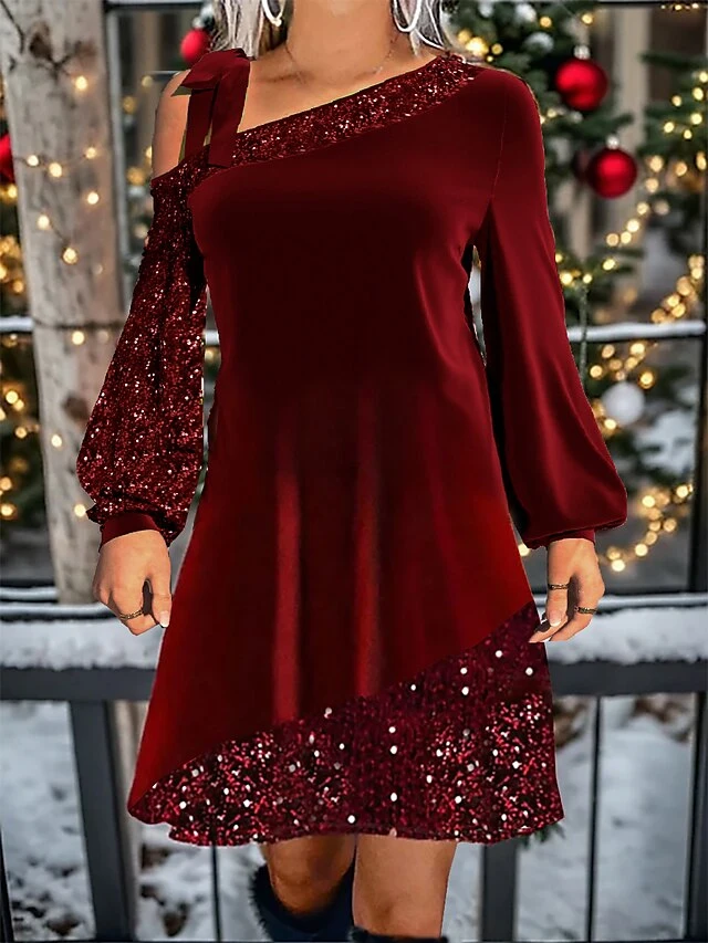 Women's Christmas Dress Velvet Dress Casual Dress Mini Dress Patchwork Cold Shoulder Christmas Street Vacation Fashion Streetwear V Neck Long Sleeve 2023 Regular Fit Wine Color S M L XL XXL Size 1 Women's Christmas Dress Velvet Dress Casual Dress Mini Dress Patchwork Cold Shoulder Christmas Street Vacation Fashion Streetwear V Neck Long Sleeve 2023 Regular Fit Wine Color S M L XL XXL Size