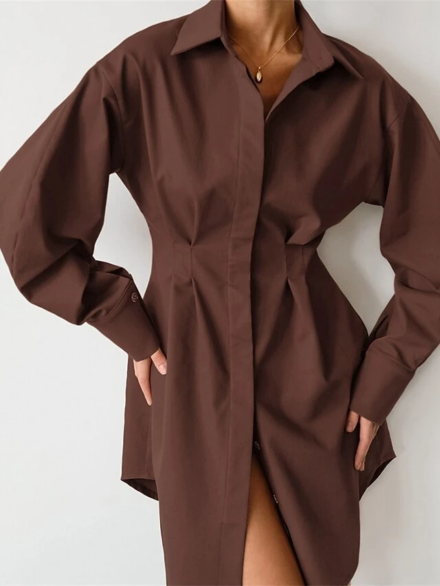 Women's Shirt Dress Casual Dress Mini Dress Outdoor Daily Date Polyester Fashion Basic Shirt Collar Button Long Sleeve Fall Winter 2023 Regular Fit Black White Brown Pure Color S M L 3 Women's Shirt Dress Casual Dress Mini Dress Outdoor Daily Date Polyester Fashion Basic Shirt Collar Button Long Sleeve Fall Winter 2023 Regular Fit Black White Brown Pure Color S M L - Image 3