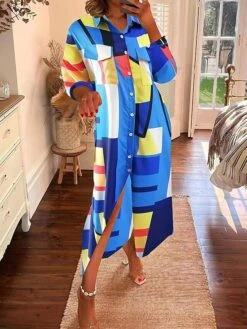 Women's Shirt Dress Casual Dress Maxi Long Dress Outdoor Daily Polyester Fashion Modern Shirt Collar Button Pocket Long Sleeve Summer Spring Fall 2023 Loose Fit Red Blue Geometric Color Block S M L
