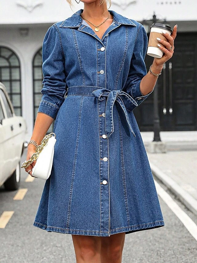 Women's Shirt Dress Casual Dress Mini Dress Outdoor Daily Vacation Denim Fashion Classic Shirt Collar Lace Up Button Long Sleeve Fall Winter 2023 Loose Fit Blue Pure Color XS S M L 3 Women's Shirt Dress Casual Dress Mini Dress Outdoor Daily Vacation Denim Fashion Classic Shirt Collar Lace Up Button Long Sleeve Fall Winter 2023 Loose Fit Blue Pure Color XS S M L - Image 3
