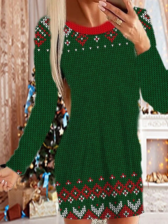 Women's Christmas Casual Dress Shift Dress Mini Dress Green Red White Long Sleeve Tree Snowflake Print Winter Fall Crew Neck Stylish Casual Modern 2022 S M L XL 2XL 3XL 4XL 5XL 6XL 2 Women's Christmas Casual Dress Shift Dress Mini Dress Green Red White Long Sleeve Tree Snowflake Print Winter Fall Crew Neck Stylish Casual Modern 2022 S M L XL 2XL 3XL 4XL 5XL 6XL - Image 2