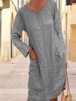 Women's Casual Dress T Shirt Dress Tee Dress Linen Dress Mini Dress Black Blue Grey Long Sleeve Pure Color Pocket Summer Spring Crew Neck Fashion Vacation Fall Dress Spring Dress 2023 S M L XL 2XL