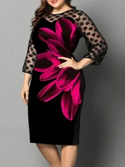 Women‘s Plus Size Curve Party Dress Cocktail Dress Sheath Dress Midi Dress Black Red Fuchsia 3/4 Length Sleeve Floral Mesh Summer Spring Fall Crew Neck Fashion Wedding Guest Vacation Fall Dress -Casual Print Dress Sales mfgmtv1691399925847